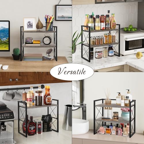 Desktop Shelf Organizer, 2 Tier Office Shelves, Wood Desk Organizer Storage Rack and Freestanding Display Shelf for Office, Dormitory, Home (Grey) - Image 7