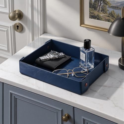 Valet Tray Organizer, Faux Leather Key Storage Tray, Catch All | Navy Blue - Image 2