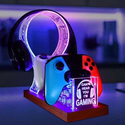 YuanDian Gamer Gifts for Teenage Boy, Can't Hear You I'm Gaming Headset and Controller Stand, Acrylic Wooden Controller Holder with Blue Pink LED Night Light, Desk Decor Gift by YuanDian