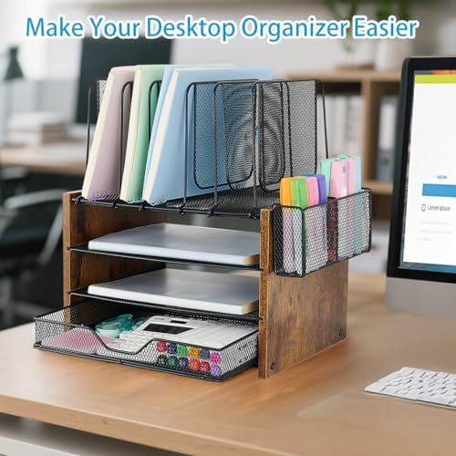 Desk Organizer, 4-Tier Desktop File Organizer with Drawer and Pen Holders, Office Desk Accessories, File Sorters, Workspace Organizers for Office Supplies(Brown) - Image 3