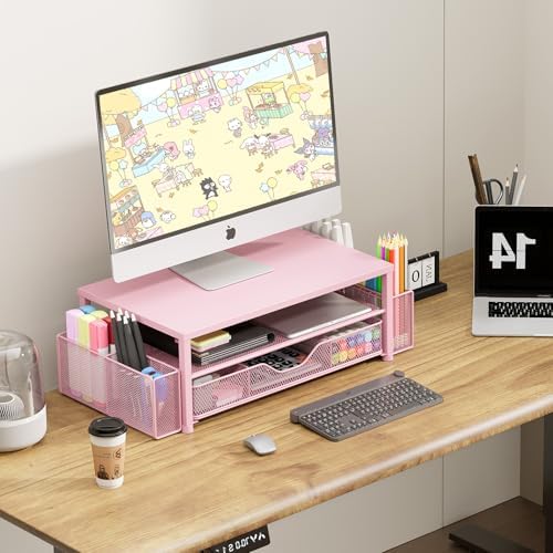 Desk Organizer and Accessories, 2-Tier Computer Monitor Stand Riser with Drawer and 2 Pen Holders, Laptop Stand, Office Desk Accessories for Office Supplies, Pink - Image 5