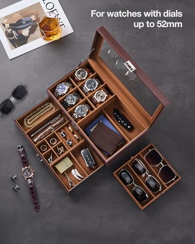 ProCase Mens Jewelry Box, 6 Slot Watch Box & 3 Slot Sunglass Holder -Brown - Image 2