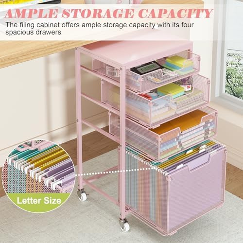 4 Drawer Rolling File Cart Under Desk Storage, File Cabinets for Home Office, Mobile Filing Cabinet, Hanging File Organizer with Wheels, Utility Cart Printer Stand, Pink - Image 4