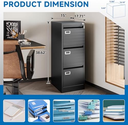 3 Drawer File Cabinet with Lock Metal Vertical File Cabinet Office Home Narrow File Cabinet for A4 Legal/Letter Size,Assembly Required (Black, 3 Drawers-Vertical) - Image 3