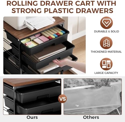 5-Tier Rolling Cart with Drawers with Wooden Top, Black - Image 5