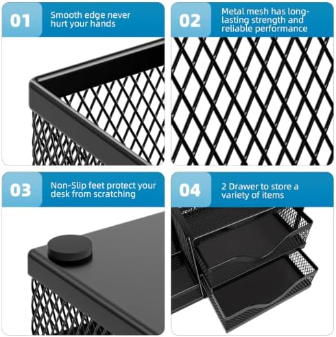 Marbrasse Mesh Pen Holder with 2 Drawers, Multi-Functional Pencil Organizer for Desk, Desk Organizers and Accessories with 3 Compartments + 2 Drawers for Office Art Supplies (Black) - Image 5