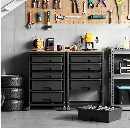 5-Tier Rolling Cart with Drawers with Wooden Top, Black - Image 4