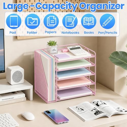 Desk Organizer, 5-Tier Paper Organizer Letter Tray, Pink - Image 5