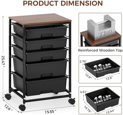 5-Tier Rolling Cart with Drawers with Wooden Top, Black - Image 3