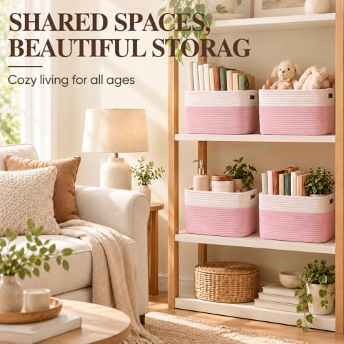 4 Pack Storage Baskets for Organizing, Woven Baskets for Shelves - Perfect for Toys, Books, Towels, and Clothes, Durable Gift Basket Bins Toy Storage, 13''Lx9''Wx7.8''H, Pink & White - Image 4