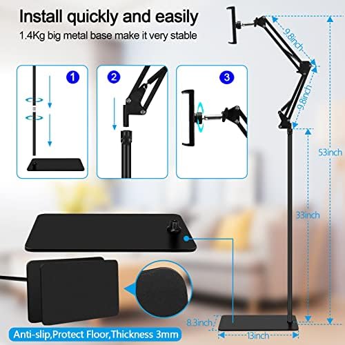 Tablet Floor Stand, Adjustable Universal 360-degree Rotatable Metal Tablet Holder, Phone Stand for iPad/iPhoneX/iPad Pro or Other 4.7~12.9 Inch-Screen Devices (Black) - Image 5