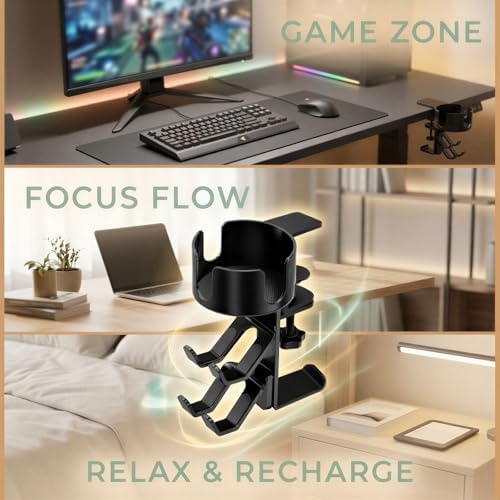 3-in-1 Desk Cup Holder, Clamp-on Drink Holder with Headphone Hanger and Dual Controller Stands, 360° Rotating Desk Organizer for Gaming Office Table - Image 6