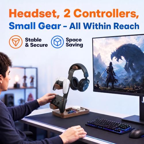 Aothia Beech Headphone Stand with Controller Holder & Storage Base, Brown - Image 4