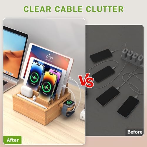 Bamboo Charging Station with Watch Holder, Charger & Cables - Image 5