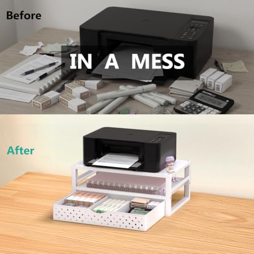 WALI Desk Organizer with Drawer，Computer Monitor Stand with Storage, Desk Organizers and Accessories for Computer, Printer, Laptop Riser for Home Office Supplies, (PTT005-W), 1 Pack, White - Image 6