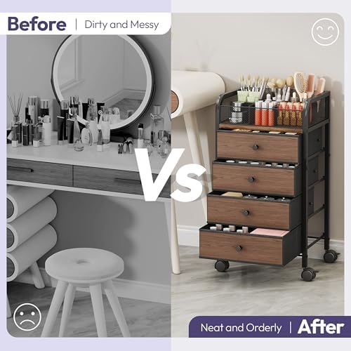 Rolling Makeup Organizer Cart - 14.96″*11.81″*27.55″ Widened Under Desk Vanity Storage with 4 Non-woven Drawers, Cosmetic Display Cases for Skin Care Perfume Nail Polish Brush Hair Tool Black - Image 3