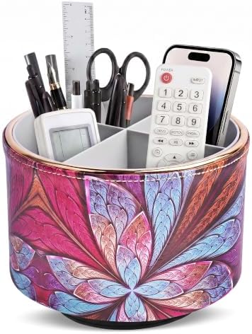 Round Leather Art Supply Organizer,Remote Control Holder,360 Degree Spinning,Multi-Functional Pencil Holder,4 Compartments Desktop Stationary Organizer(1-Fractal Flower2) by Hennaja