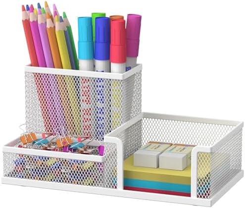 Pen Holder Desk Organizer, Office Supplies Pencil Holder with 3 Compartments, Desk Accessories and Workspace Organizers for Home School Classroom, White by SUPEASY