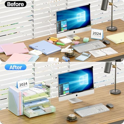 Desk Organizer, 4-Tier Desktop File Organizer with Drawer and Pen Holders, Office Desk Accessories, File Sorters, Workspace Organizers for Office Supplies(Green) - Image 5