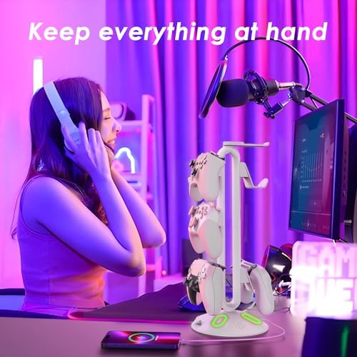 RGB Headphone Stand and Controller Holder With 9 Light Modes - 2 USB Charging Ports, 3.5mm & Type-C - Hanger Accessories for Desk and Gamer (White) - Image 7