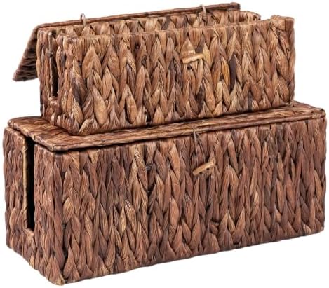 Cable Management Box with Lid, 2Pack Handwoven Real Water Hyacinth Cord Hider Organizer Boxes,2 Side Open Slots Storage Box to Hide Cords Power Strip for Desk, Floor, Office by Posprica