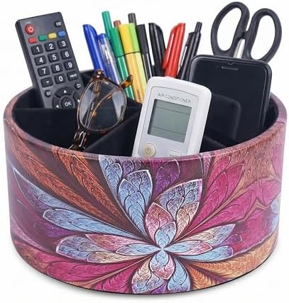 Remote Control Holder, 360°Spinning PU Leather Desk TV Remote Caddy,Desk Storage Box Room Accessories for Controller, Media,Mail,Calculator, Mobile Phone,Pencil(1B-Purple Flower) by Hennaja