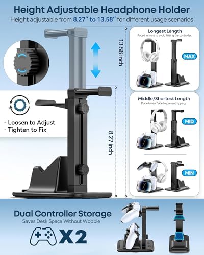 Gaming Headset & Controller Stand, Rotating Headphone Storage with 2 Controllers and Phone Holder, Standard Game Desk Storage for PS5/PS4/XBOX, PC Gamer Essentials Organizer Gift Accessories - Image 3