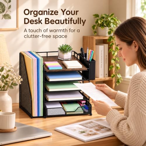 5-Tier Desk File Organizer with Drawer & Pen Holder (Wood) - Image 5