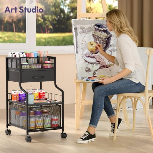 Under Desk Storage Cart- Art Storage Cart with Drawers & DIY Divider - Office Cart Organizer Under Desk Shelf, Craft Rolling Cart for Office, Craft Room & Studio Black - Image 2