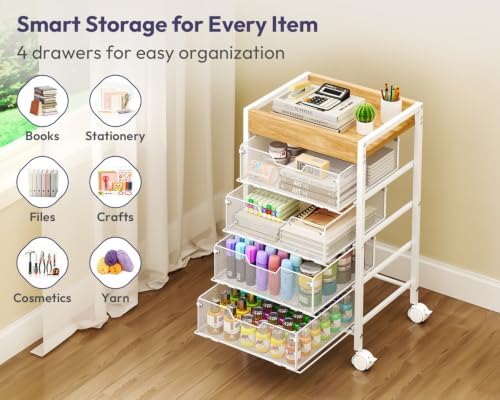 Rolling Cart with Drawers - Under Desk Storage Cart with Wheels, 4 Metal Drawers, Wood Top, Utility File Cart for Office Organization, Art, Craft, Classroom, Kitchen, Bedroom White - Image 4