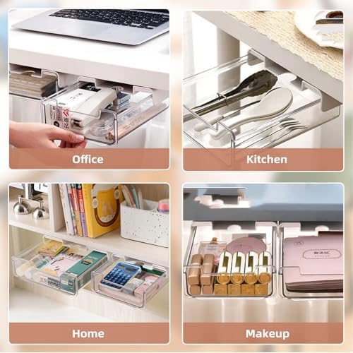 2 Pack Under Desk Storage Drawers Slide Out-Drill-On or Self-Adhesive,Large&Medium Drawer Under Desk Organizer Under Table Drawer for Home Office School Organization and Storage - Image 2