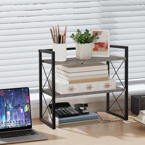 Desktop Shelf Organizer, 2 Tier Office Shelves, Wood Desk Organizer Storage Rack and Freestanding Display Shelf for Office, Dormitory, Home (Grey) - Image 2