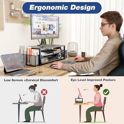 Desk Organizer and Accessories, 2-Tier Computer Monitor Stand Riser with Drawer and 2 Pen Holders, Laptop Stand, Office Desk Accessories for Office Supplies, Rose - Image 6
