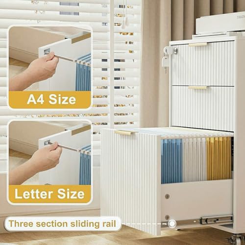 3 Drawers Fluted Mobile File Cabinet with Lock, Rolling File Cabinet Printer Stand Table, Under Desk Wooden Filing Cabinets for Home Office Essentials Storage Organization Furniture Letters/A4(White) - Image 3