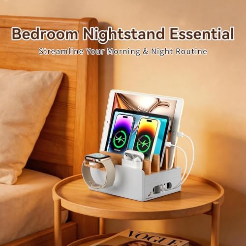 Bamboo Charging Station with USB Charger&Cables-Natural+White - Image 5