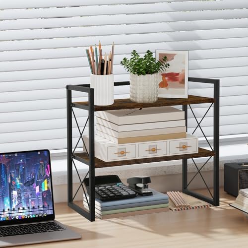 Desktop Shelf Organizer, 2 Tier Office Shelves, Wood Desk Organizer Storage Rack and Freestanding Display Shelf for Office, Dormitory, Home - Image 2