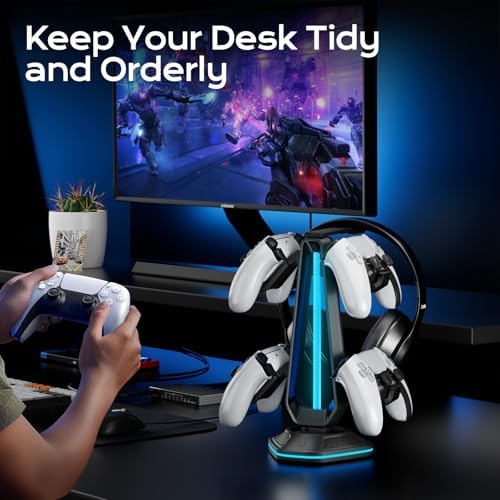 Saitake RGB Controller Stand, Gaming Controller Holder with 9 Light Modes, 2 USB Charging Ports, Headset Stand, Desk Organizer for Xbox PS5 PS4 Switch PC, 4 Controllers & 1 Headphone (Black) - Image 6