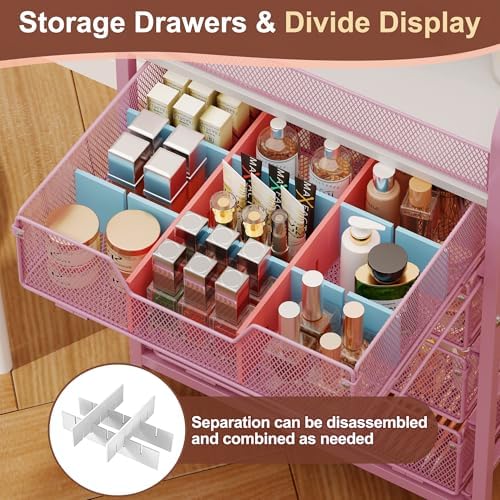 Makeup Cart Organizer with 4 Drawers, Large Floor Skincare Organizers, Vanity Storage Organizer Cosmetics Display Cases for Skin Care Perfume Nail Polish, Pink - Image 2