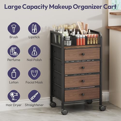 Rolling Makeup Organizer Cart - 14.96″*11.81″*27.55″ Widened Under Desk Vanity Storage with 4 Non-woven Drawers, Cosmetic Display Cases for Skin Care Perfume Nail Polish Brush Hair Tool Black - Image 4
