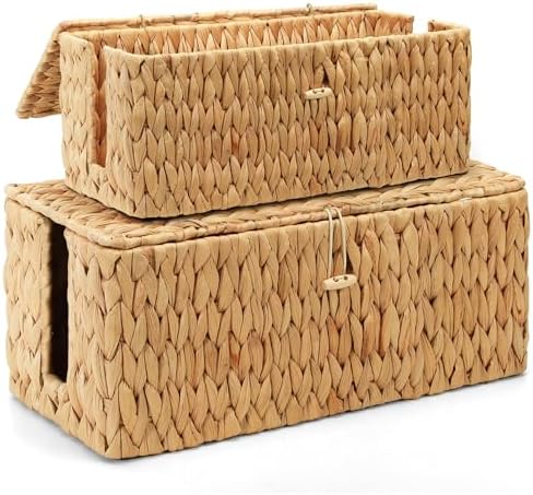 Cable Management Box with Lid, 2Pack Handwoven Real Water Hyacinth Cord Hider Organizer Boxes, 2 Side Open Slots Storage Box to Hide Cords Power Strip for Desk, Floor, Office by Posprica