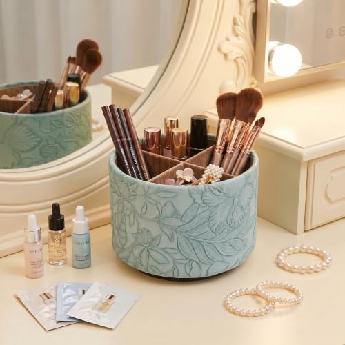 Round Leather Art Supply Organizer,Remote Control Holder,360 Degree Spinning,Multi-Functional Pencil Holder,4 Compartments Desktop Stationary Organizer(1-Wood Blue) - Image 7