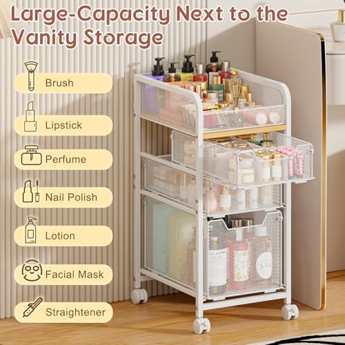 Rolling Makeup Cart Organizer with 3 Drawers, Narrow Floor Skincare Organizers, Vanity Organizer Cosmetics Display Cases Holder for Skin Care Nail Polish Perfume Makeup Brush, White - Image 5