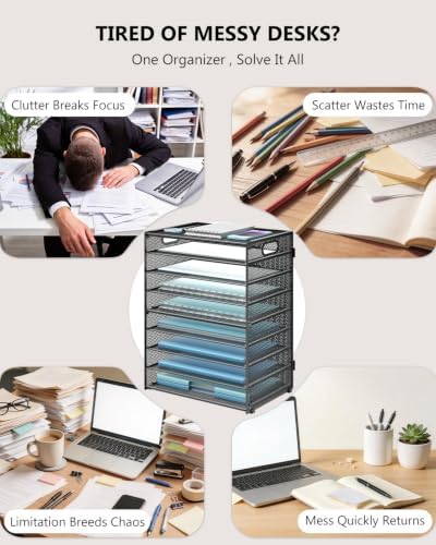 WALI Desk File Organizer, 9 Tier Desktop Paper Letter Tray Organizer with Handle, Office Desk Accessories & Workspace Organizers for Office, Home, School Supplies, 1 Pack, Black - Image 2