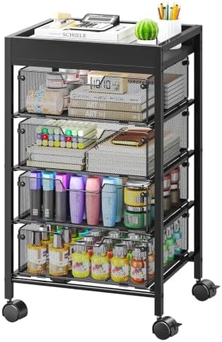 Rolling Cart with Drawers - Under Desk Storage Cart with Wheels, 4 Metal Drawers, Wood Top, Utility File Cart for Office Organization, Art, Craft, Classroom, Kitchen, Bedroom Black by SwtyMiki-TidyHomeSweetLife