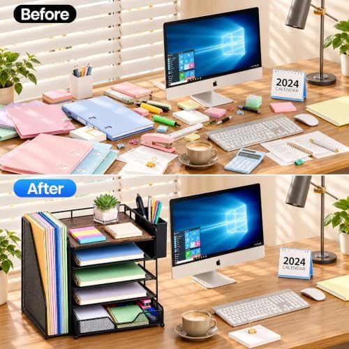 5-Tier Desk File Organizer with Drawer & Pen Holder (Wood) - Image 7