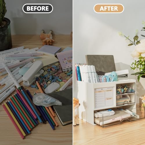 Desk Organizer with 3 Drawer, Multi-Functional Pencil Pen Holder for Desk, Desk Organizers and Storage with 8 Compartments, Desktop Organizer for Office Home Art Supplies (White) - Image 3