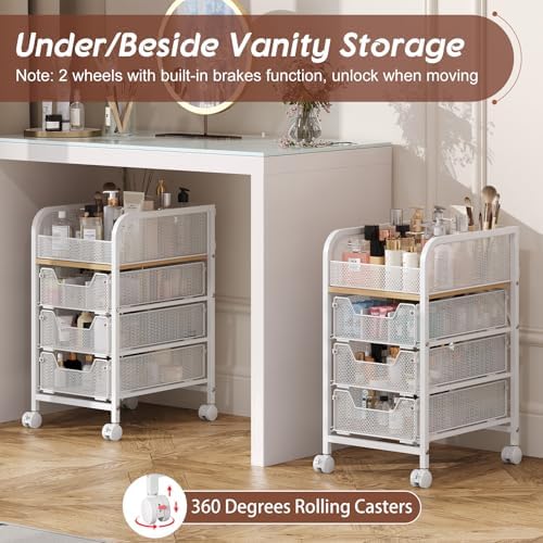 Rolling Makeup Cart Organizer with 3 Drawers, Narrow Floor Skincare Organizers, Cosmetics Display Cases Vanity Organizer for Skin Care Nail Polish Perfume Makeup Brush, White - Image 3