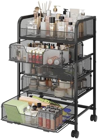 Makeup Cart Organizer with 4 Drawers, Vanity Storage Organizer, Large Floor Skincare Organizers Cosmetics Display Cases for Skin Care Perfume Nail Polish, Black by Hongtamoya