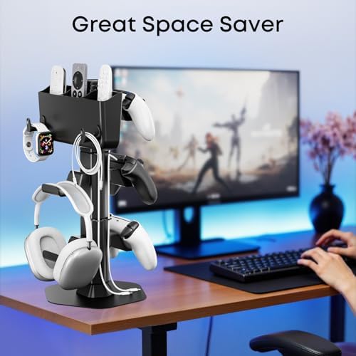 Headphone and Controller stand, Headphone Stand for Desk, PS5/PS4/Xbox/Switch Game Controller Holder, Gaming Headset Stand with Storage Box and Two Hooks for Remote Control Watch, Sega Genesis Consoles - Image 2