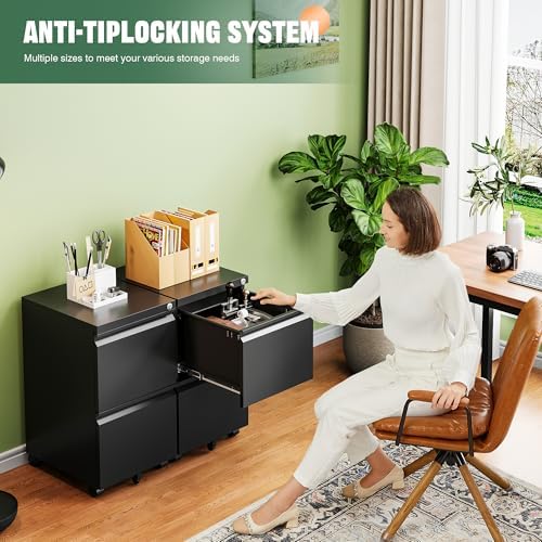 Mobile File Cabinet with Lock,2 Drawer Under Desk Metal Rolling Filing Cabinets for Home Office Organizer Letters/Legal/A4(Fully Assembled-Black) - Image 3